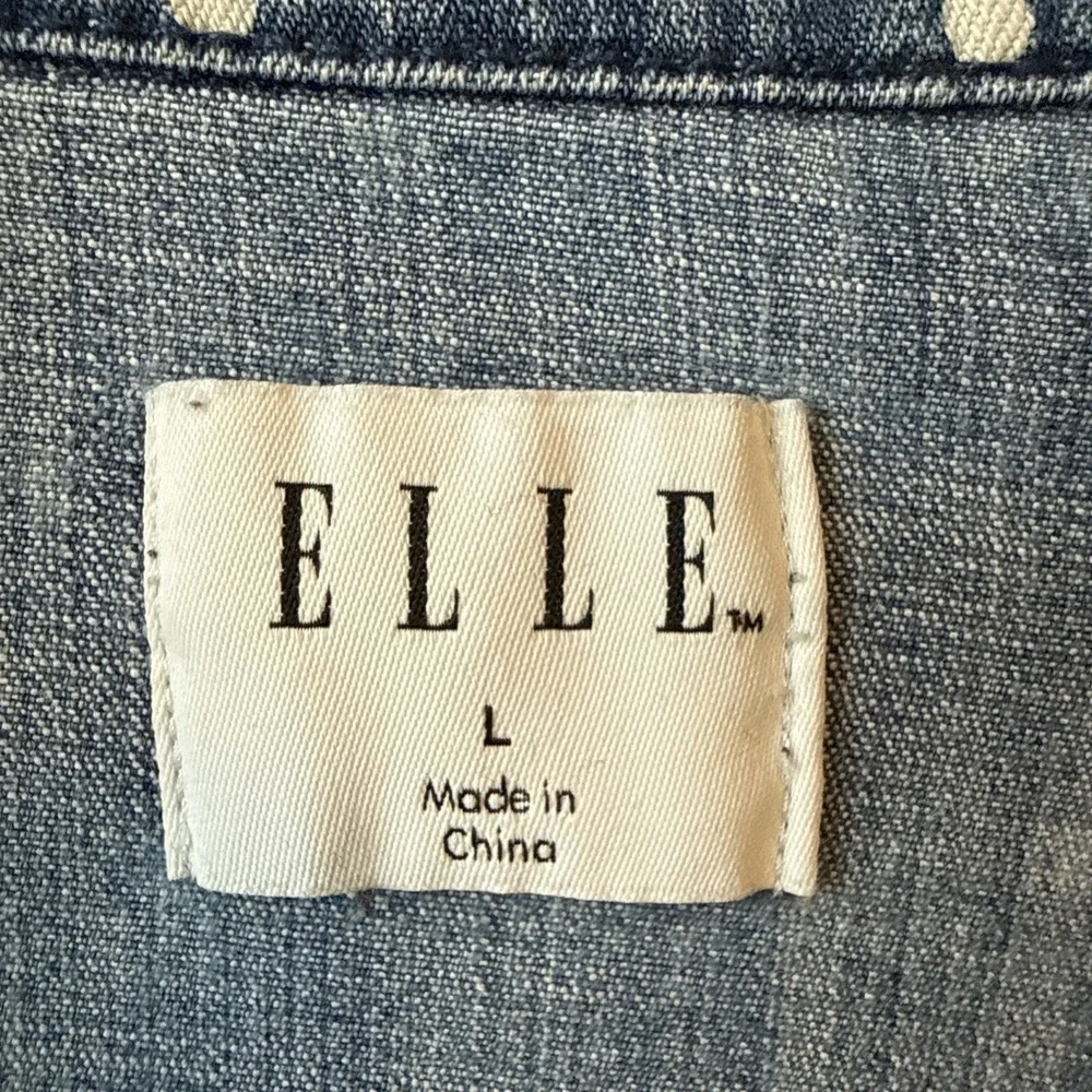 Elle Polka Dot Distressed Blue‎ Denim Trucker Jacket L Retro Chic Indie Sleaze